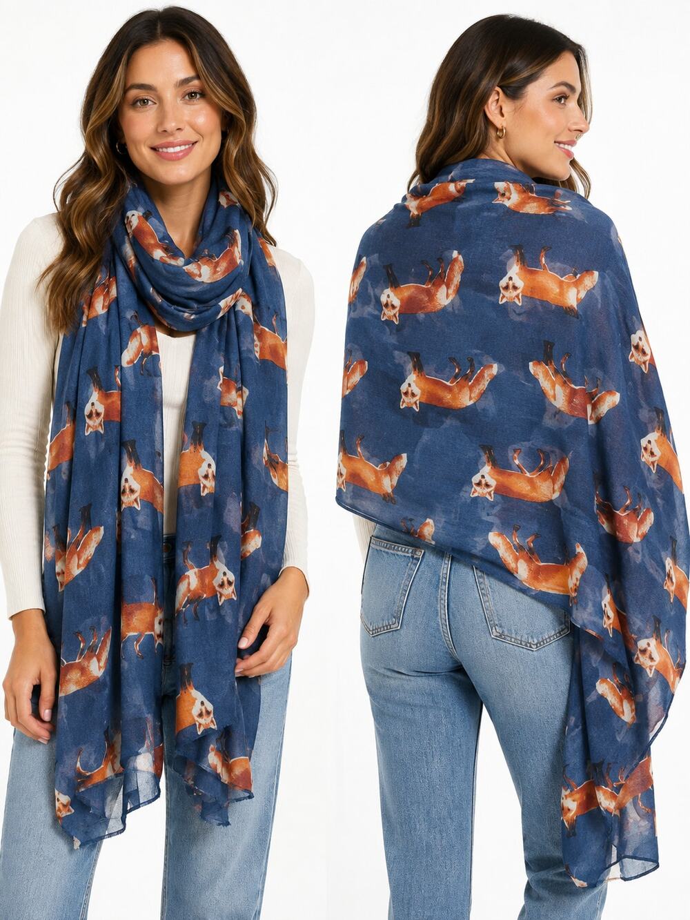 Fox Print Scarf Wrap Blue Orange Woodland Animal Oversized 36x72